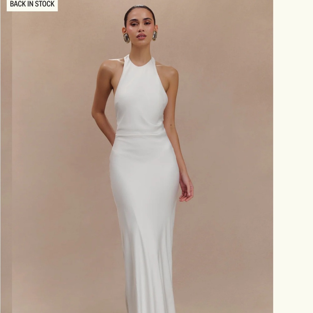Meshki White Backless Satin Maxi Dress
